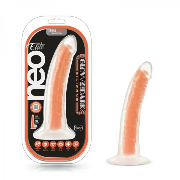 Female Sex Toys Neo Elite Lava Glow In The Dark 7 Silicone Dual Density Dildo Neon Orange Blush