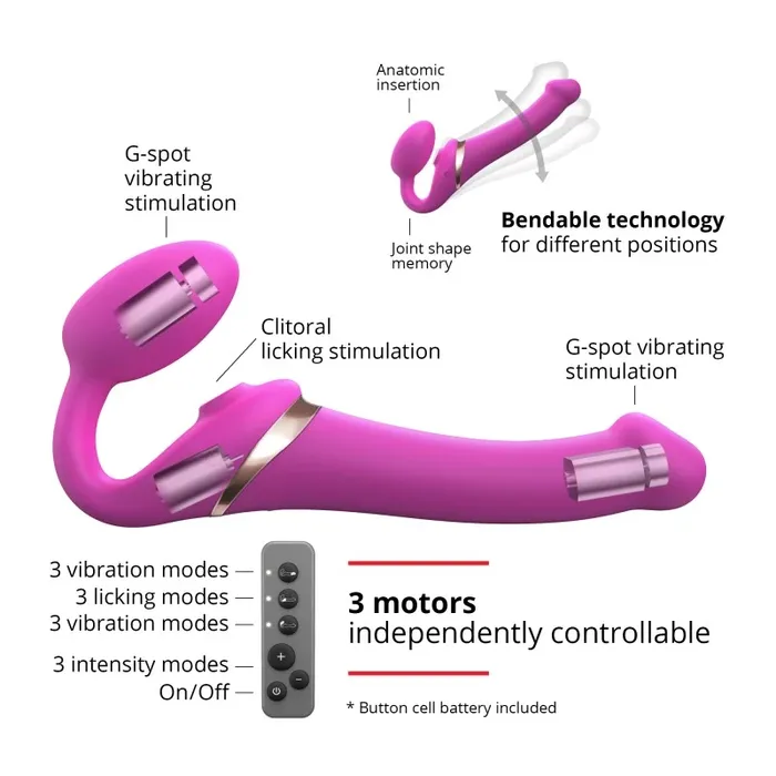 Female Sex Toys StrapOnMe StrapOnMe 3 Motor Clit Suction Vibrating Strapless StrapOn Fuchsia Medium