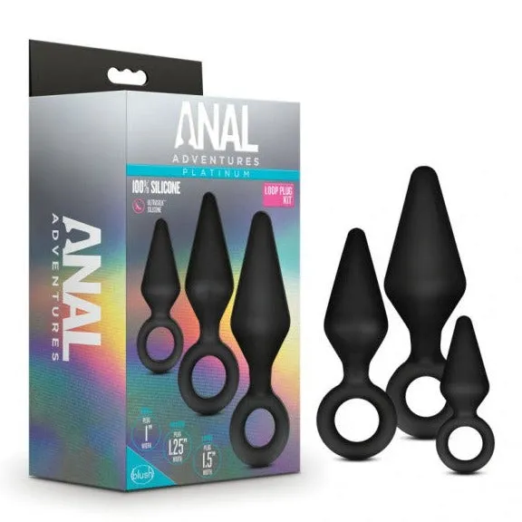 Lonbrook Anal Anal Adventures Platinum Silicone LOOP BUTT PLUG Kit 3 Black Graduating Plugs