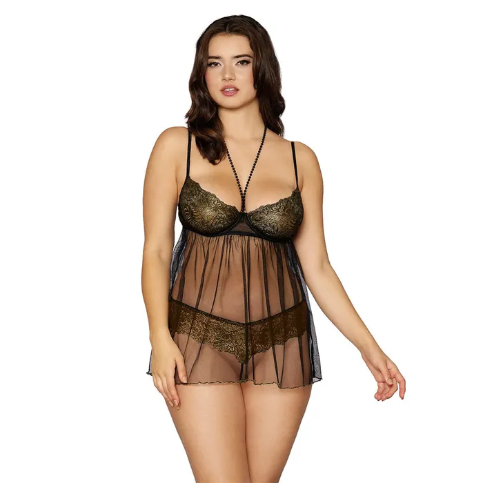 Anal Dreamgirl Lingerie Gold Foiled Stretch Lace and Mesh Babydoll Set Black 12666 DREAMGIRL Anal Dreamgirl Lingerie Gold Foiled Stretch Lace and Mesh Babydoll Set Black 12666 DREAMGIRL