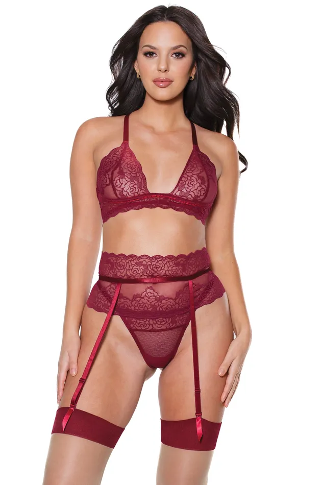 Male Sex Toys Coquette Coquette 22313 Bra Garter Belt Thong Merlot
