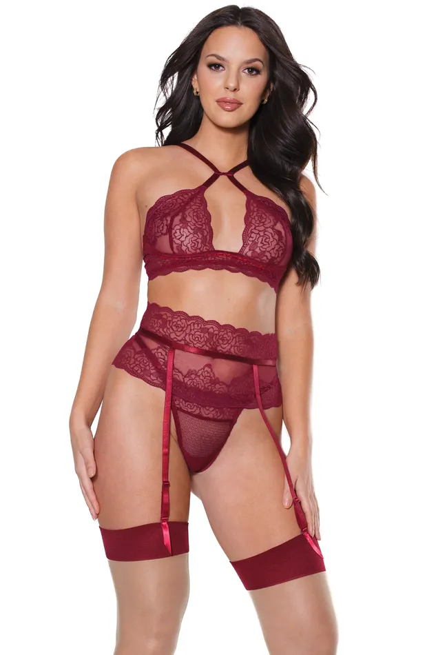 Male Sex Toys Coquette Coquette 22313 Bra Garter Belt Thong Merlot