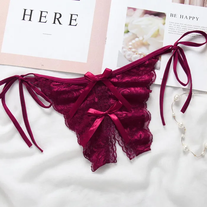 Couples Women Lace Sexy Underwear Open Crotch Bowknot Gstring Erotic Lingerie Briefs Temptation Panties LAZADASEXTOYS