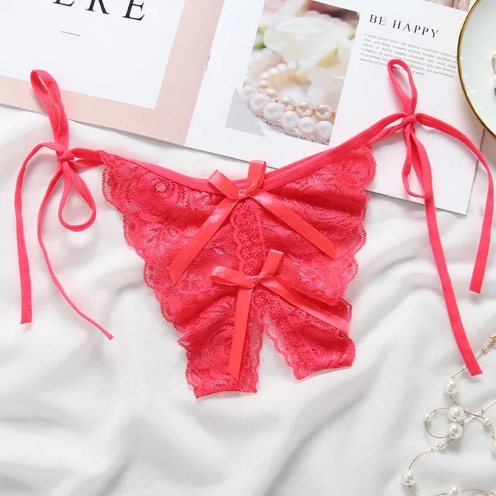 Couples Women Lace Sexy Underwear Open Crotch Bowknot Gstring Erotic Lingerie Briefs Temptation Panties LAZADASEXTOYS