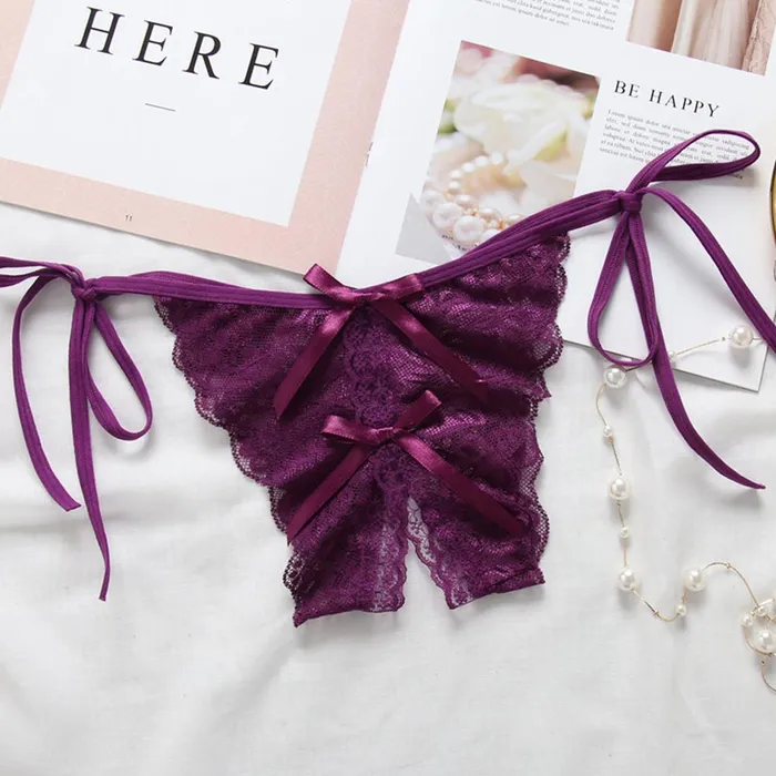 Couples Women Lace Sexy Underwear Open Crotch Bowknot Gstring Erotic Lingerie Briefs Temptation Panties LAZADASEXTOYS