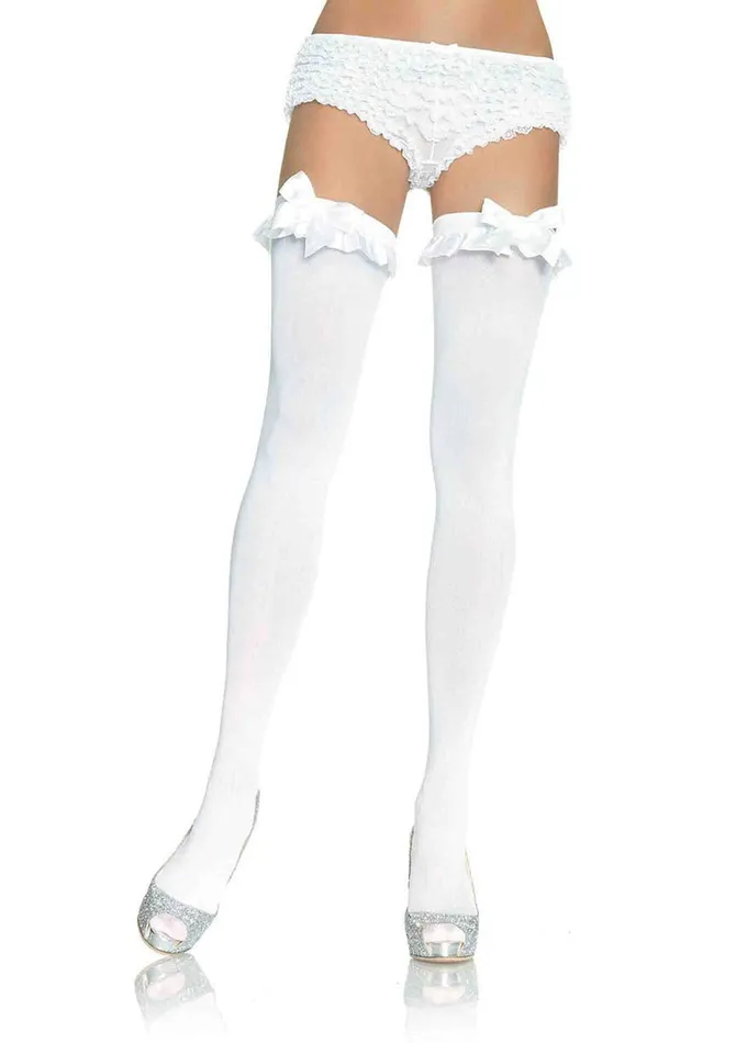 Leg Avenue Male Sex Toys Opaque Thigh Highs With Satin Ruffle Trim and Bow One Size White Leg Avenue Male Sex Toys Opaque Thigh Highs With Satin Ruffle Trim and Bow One Size White