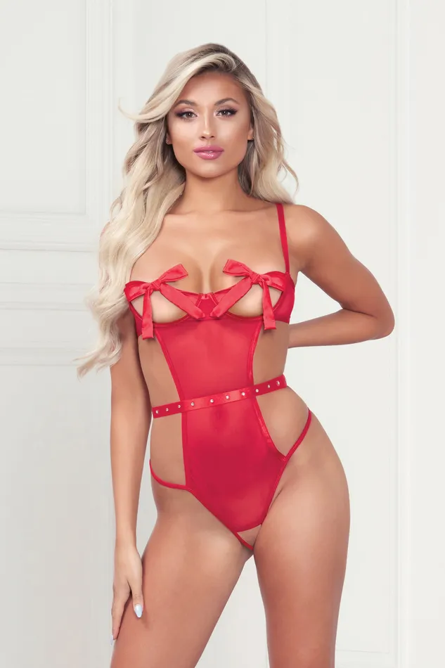 Mesh Teddy With Underwire Satin Ribbon Bows Rhinestone Belt Hook and Eye Back Closure and Open Thong One Size Red Sale Teddies And Bodies Mesh Teddy With Underwire Satin Ribbon Bows Rhinestone Belt Hook and Eye Back Closure and Open Thong One Size Red Sale Teddies And Bodies