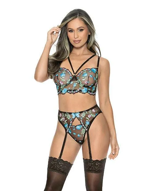 Anal Escante INC Twilight Garden Underwire Bra wGarterbelt GString Black