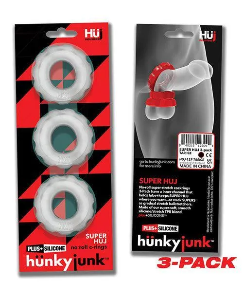 Hunky Junk Super Huj 3 Pack Cockrings Ice Blue Ox Designs LLCDba Oxballs Male Sex Toys