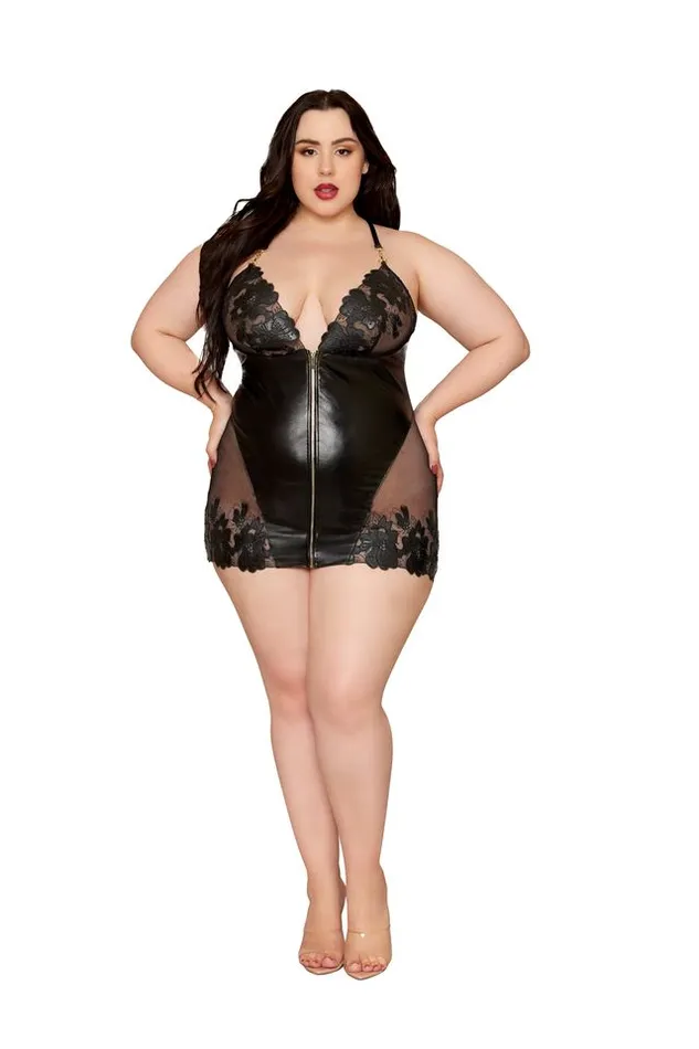 DREAMGIRL INTERNATIONAL Anal WETLOOK LACE CHEMISE BLACK 3X