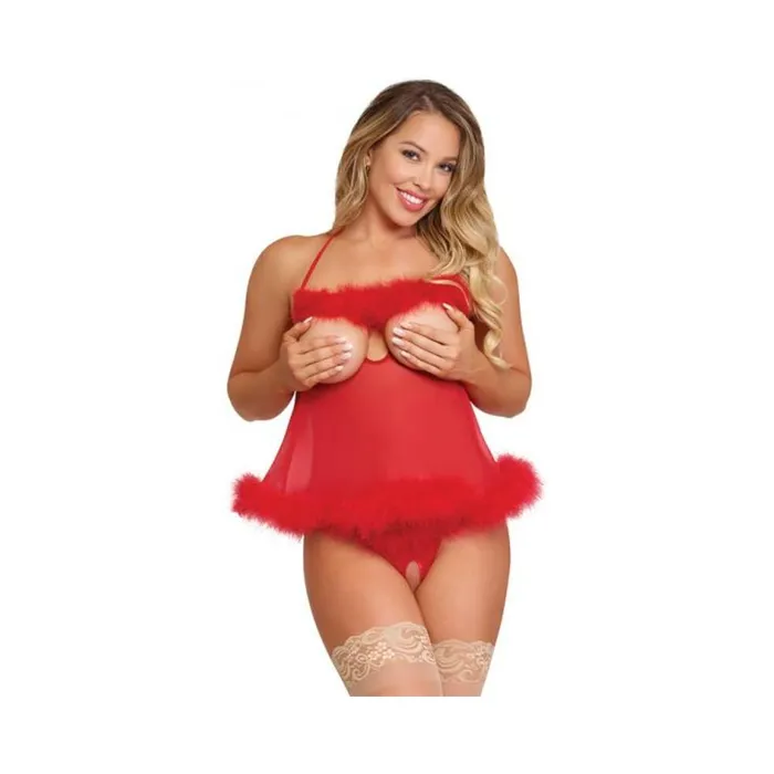 Magic Silk Marabou Cupless Crotchless Babydoll Set Red Sm Magic Silk Anal