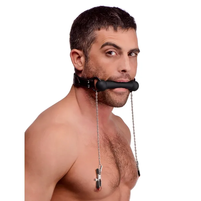 Strict Female Sex Toys Silicone Bit Gag with Nipple Clamps