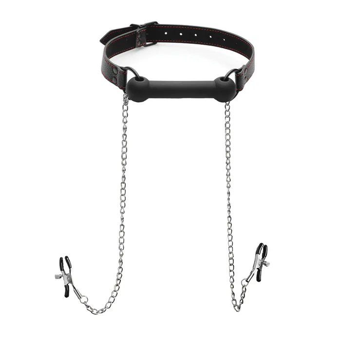 Strict Female Sex Toys Silicone Bit Gag with Nipple Clamps