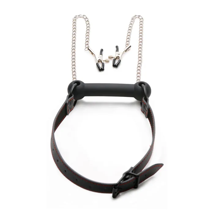 Strict Female Sex Toys Silicone Bit Gag with Nipple Clamps