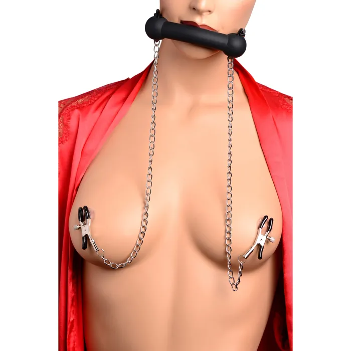 Strict Female Sex Toys Silicone Bit Gag with Nipple Clamps