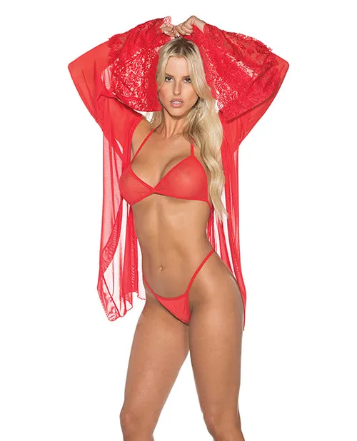 Hosiery Open Desires Sheer Floral Lace Peignoir Set wSheer Bra GString Red