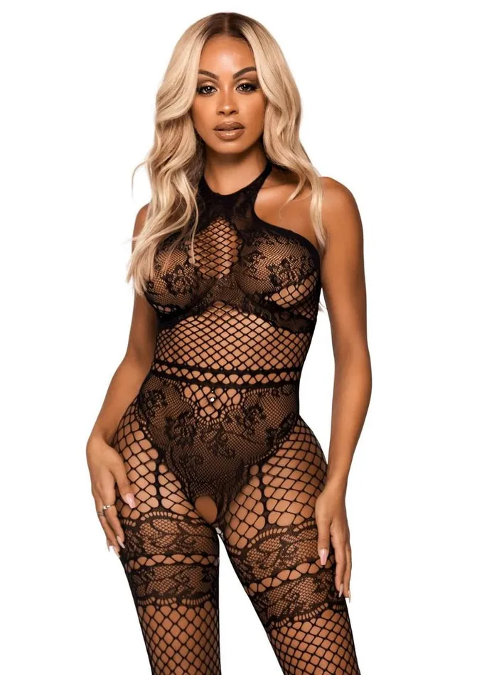 Leg Avenue Couples Leg Avenue Seamless Industrial Net Halter Bodystocking with Faux Lace Lingerie Detail