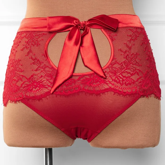 Vibrators Mentionables Eyelash Lace Bow High Waist Crotchless Panty Red