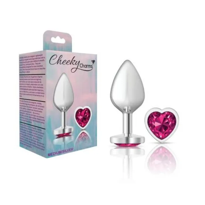 Anal Cheeky Charms Silver Metal Butt Plug w Heart Pink Jewel Medium Cheeky Charms