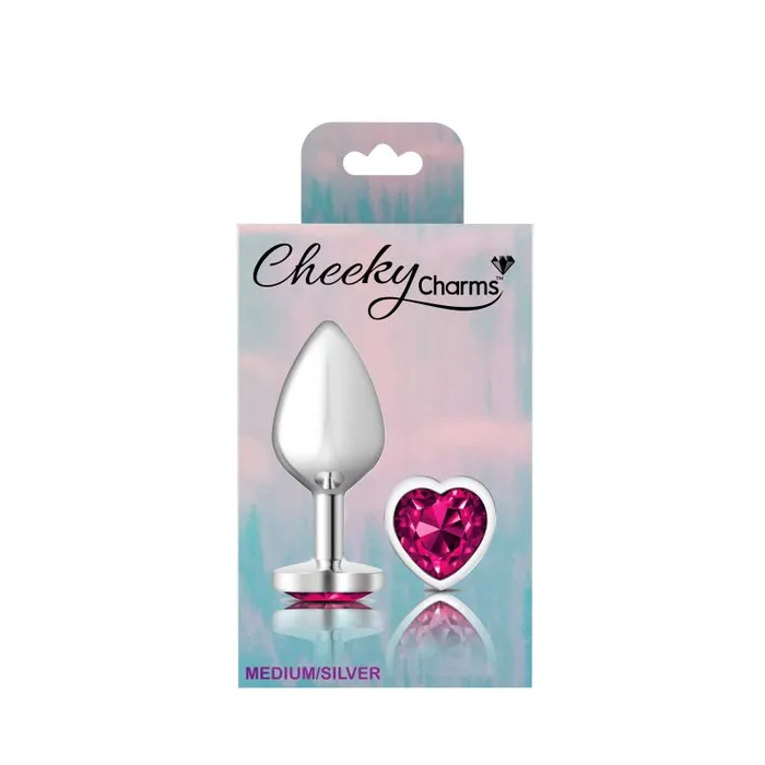 Anal Cheeky Charms Silver Metal Butt Plug w Heart Pink Jewel Medium Cheeky Charms
