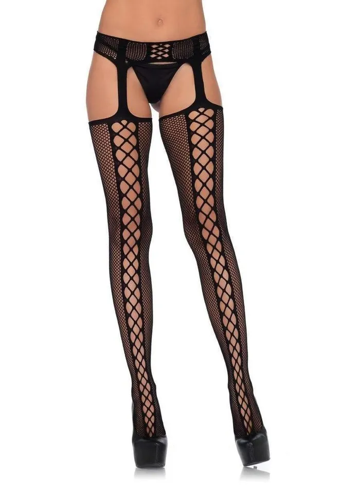 Leg Avenue Faux Lace Up Dual Net Backseam Stockings with Attached Garterbelt Leg Avenue Couples